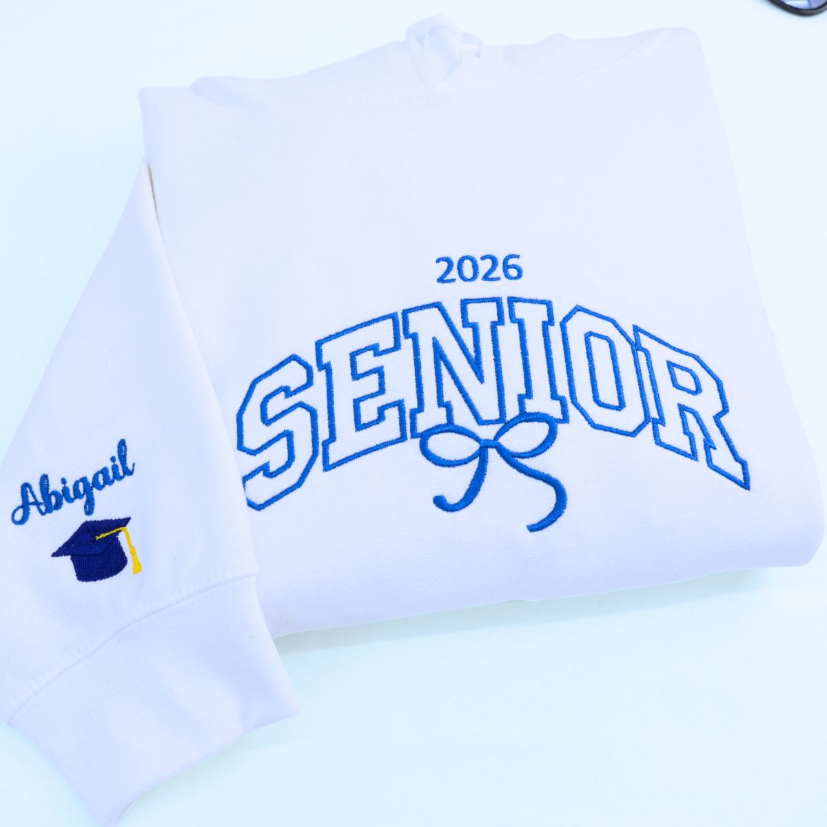 Personalized Coquette Bow Senior Shirt, Sweatshirt or Hoodie, Class of 2026 Embroidered Senior Cheer Gift, Senior Sunrise, Senior Team