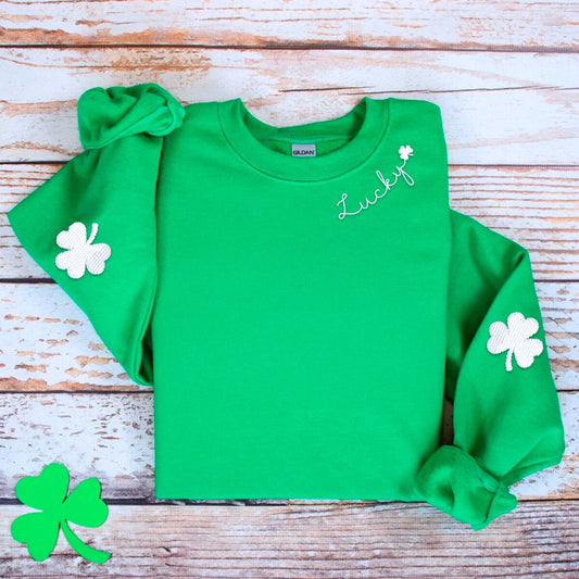 Shamrock on Elbow Sweatshirt or Hoodie, Custom Embroidered Lucky Gift for St Patrick's Day