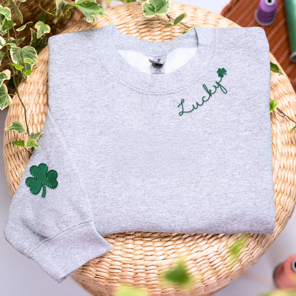 Shamrock on Elbow Sweatshirt or Hoodie, Custom Embroidered Lucky Gift for St Patrick's Day