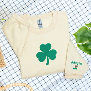 Personalized Gift for St Patrick's Day with Embroidered Shamrock on Chest Sweatshirt or Hoodie