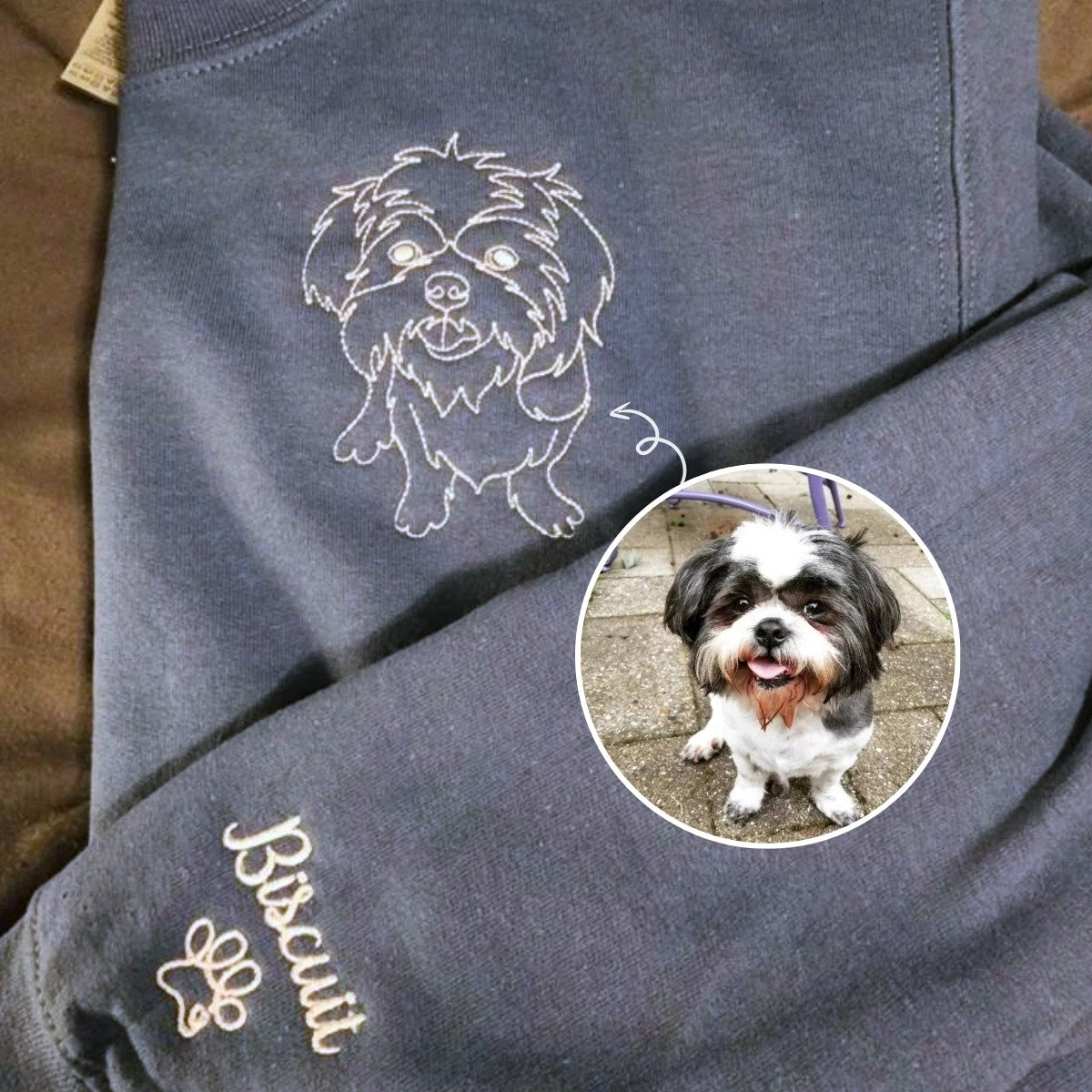Custom Shih Tzu Outline T-Shirt - Minimalist Embroidered Pet Photo Line Art Tee & Name for Dog Parent