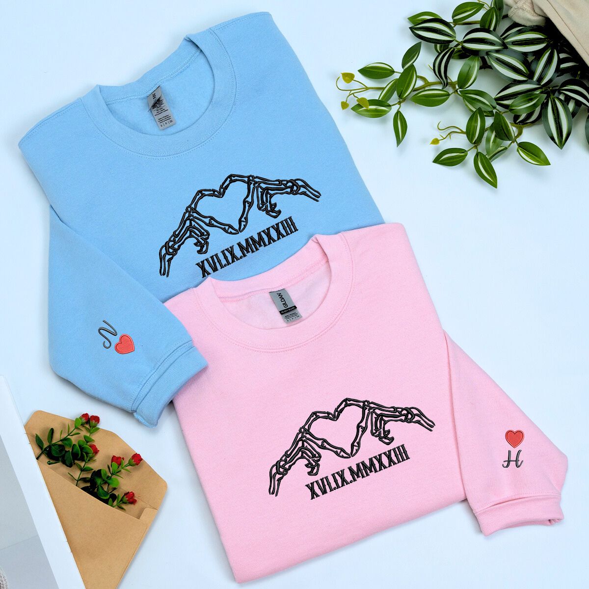 Skeleton Heart Sweatshirt or Hoodie, Custom Embroidered Gift for Couple Valentine Day