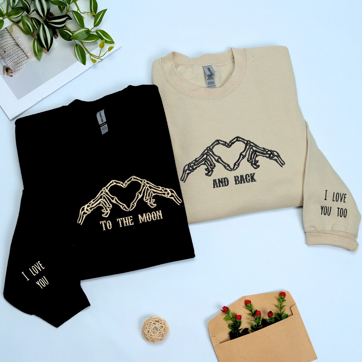 Skeleton Heart Sweatshirt or Hoodie, Custom Embroidered Gift for Couple Valentine Day