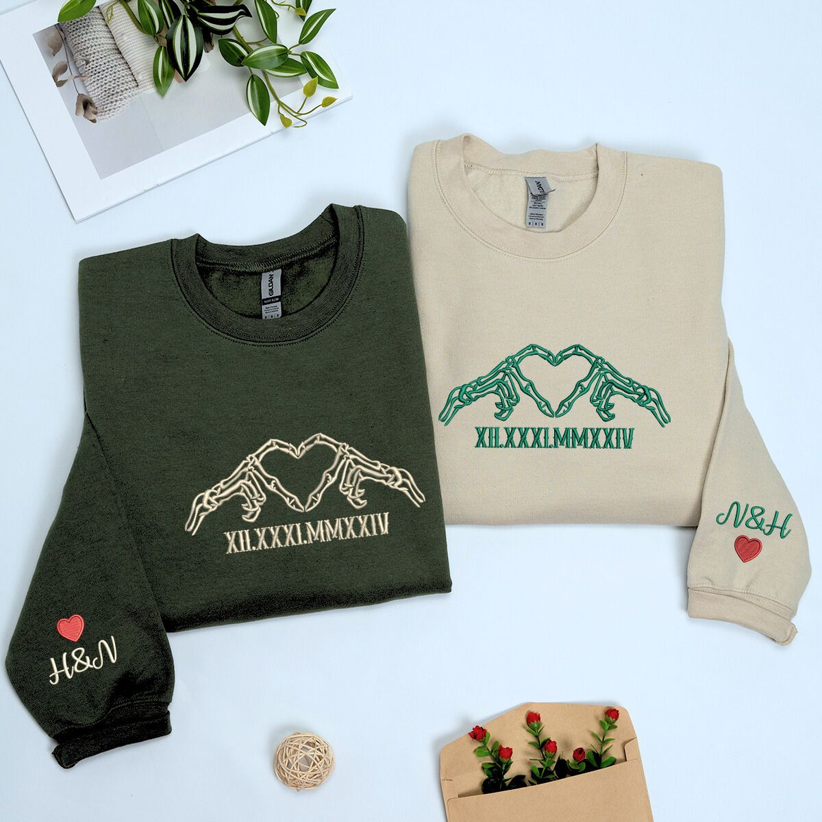 Skeleton Heart Sweatshirt or Hoodie, Custom Embroidered Gift for Couple Valentine Day