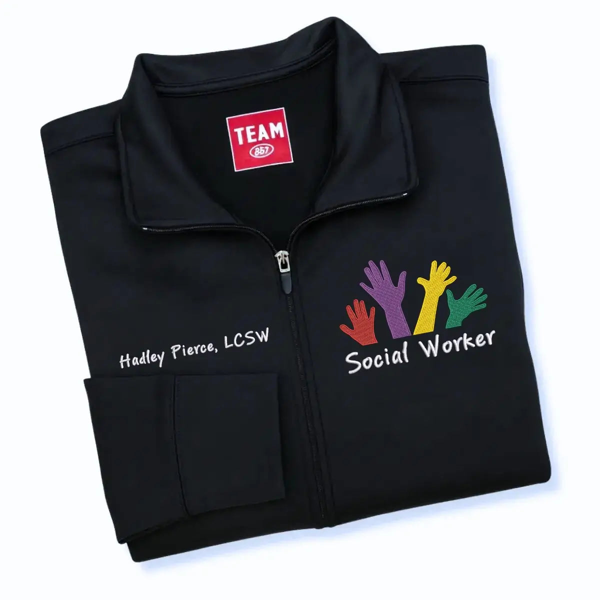 Custom embroidered social worker jacket with name and professional title MSW or LCSW