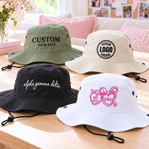 Personalized embroidered bucket hats for groups and sororities with custom text and logo