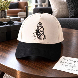 Custom embroidered baseball cap for men birthday gift idea next to a handwritten note