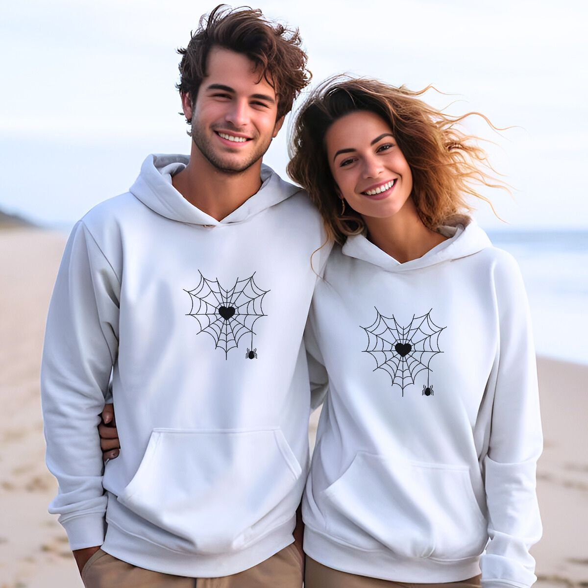 Custom embroidered heart hoodie with spider web design – Valentine gift for new couples