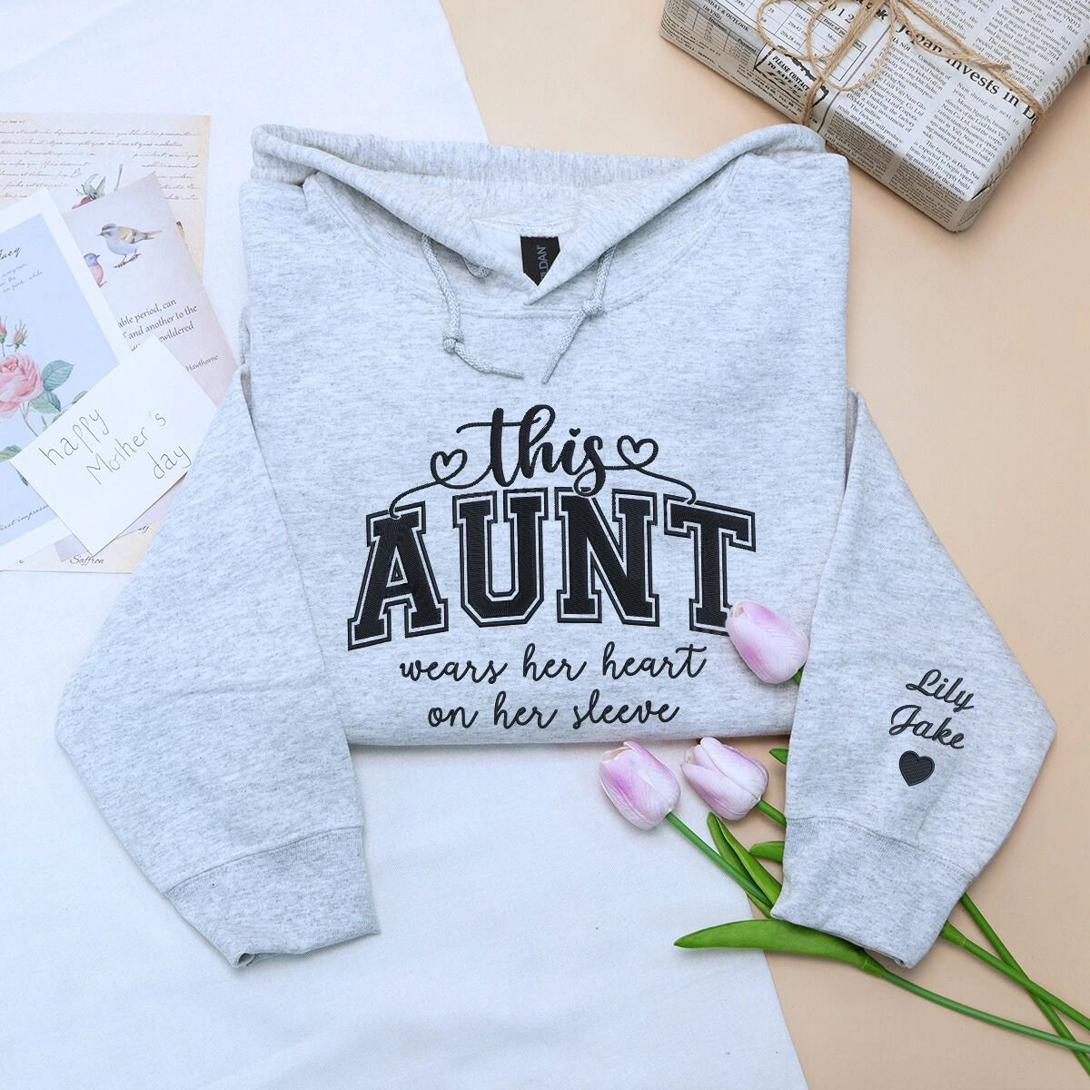 Aunt Sport Gray Sweatshirt with Nephew Niece Names on Sleeve, a meaningful and cozy gift for aunt