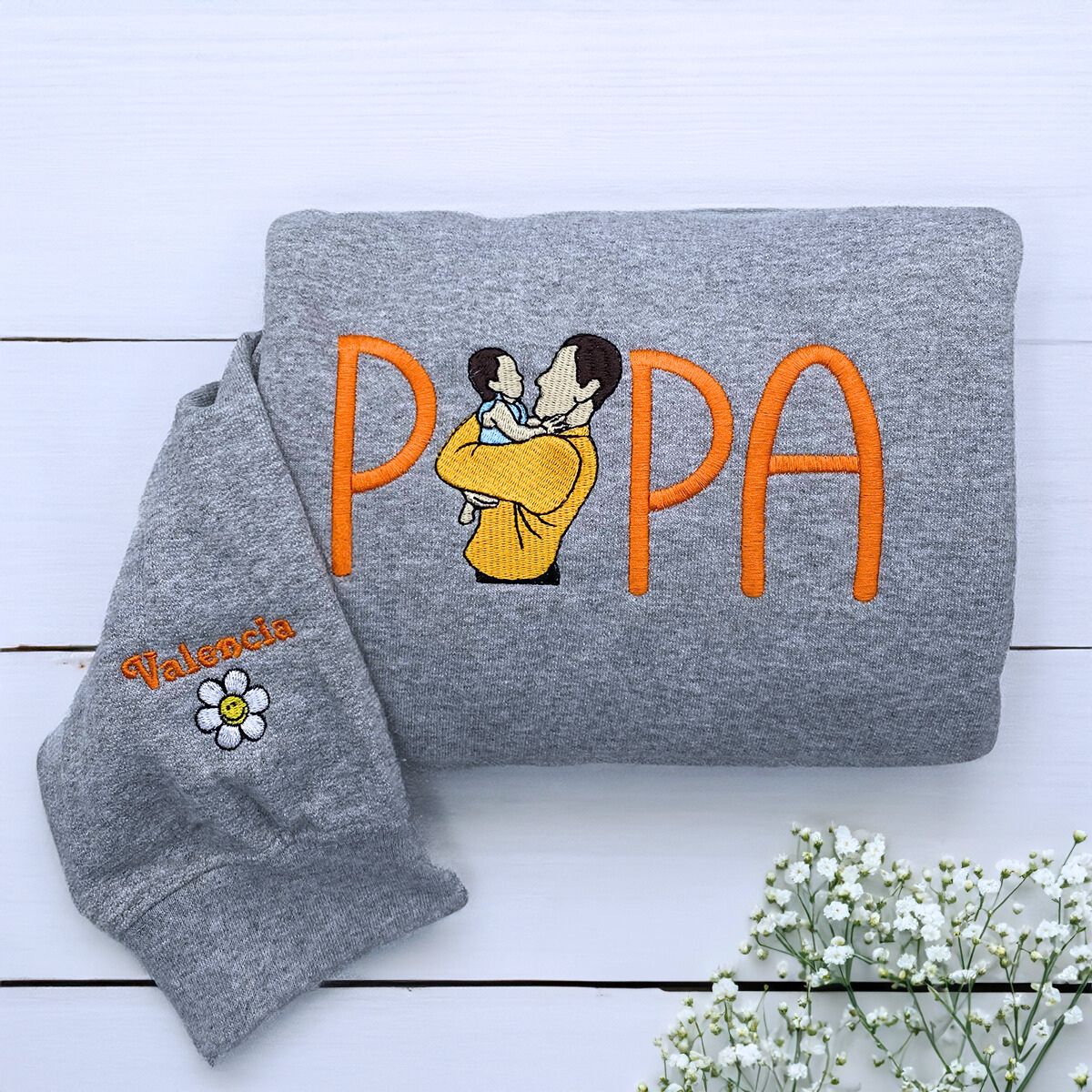Folded Sport Gray Papa Sweatshirt with Dad and Son Portrait Embroidery, a meaningfu and cozy gift for Dad
