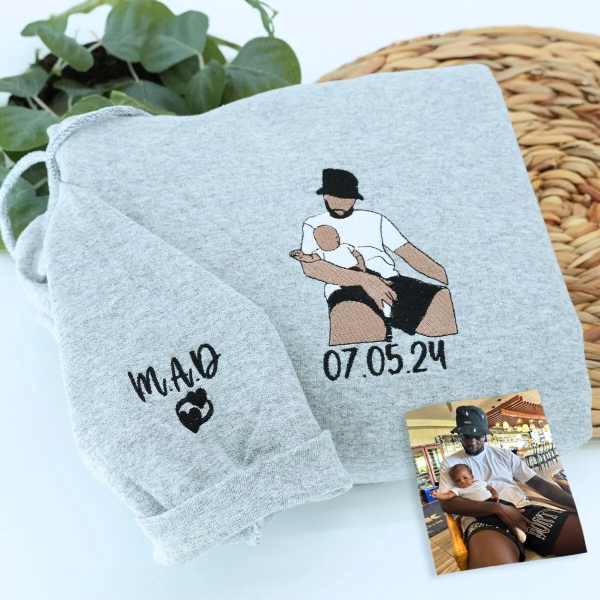 Sport Gray Dad Sweatshirt with icon on sleeve and the date you became a dad, a meaningful and cozy gift for new dad