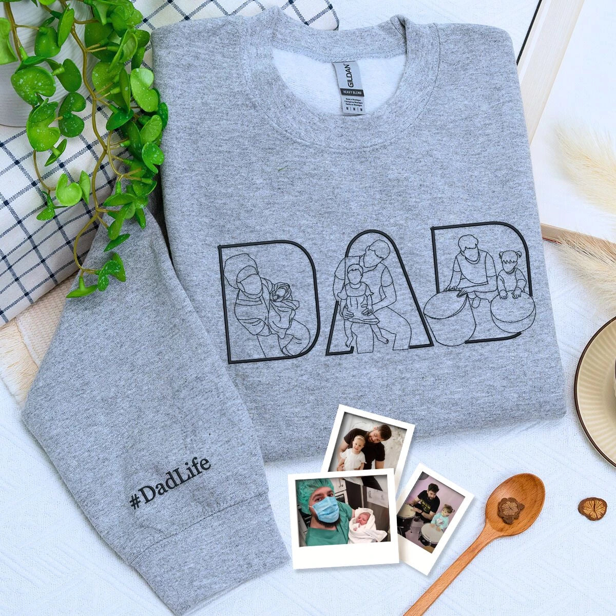 Sport Gray Dad Portrait with Kid Sweatshirt and 'Dad life' Embroidery on Sleeve, a meaningful and cozy gift for father's day dad