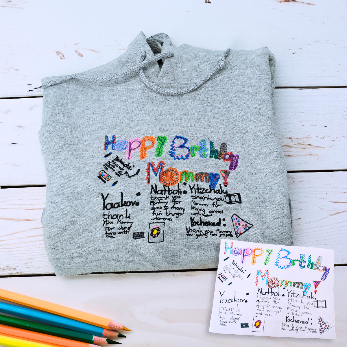 Folded Sport Gray Kids Drawing to Greet Mom a Happy Birthday Embroidery Sweatshirt, a unique and cozy birthday gift for Mom