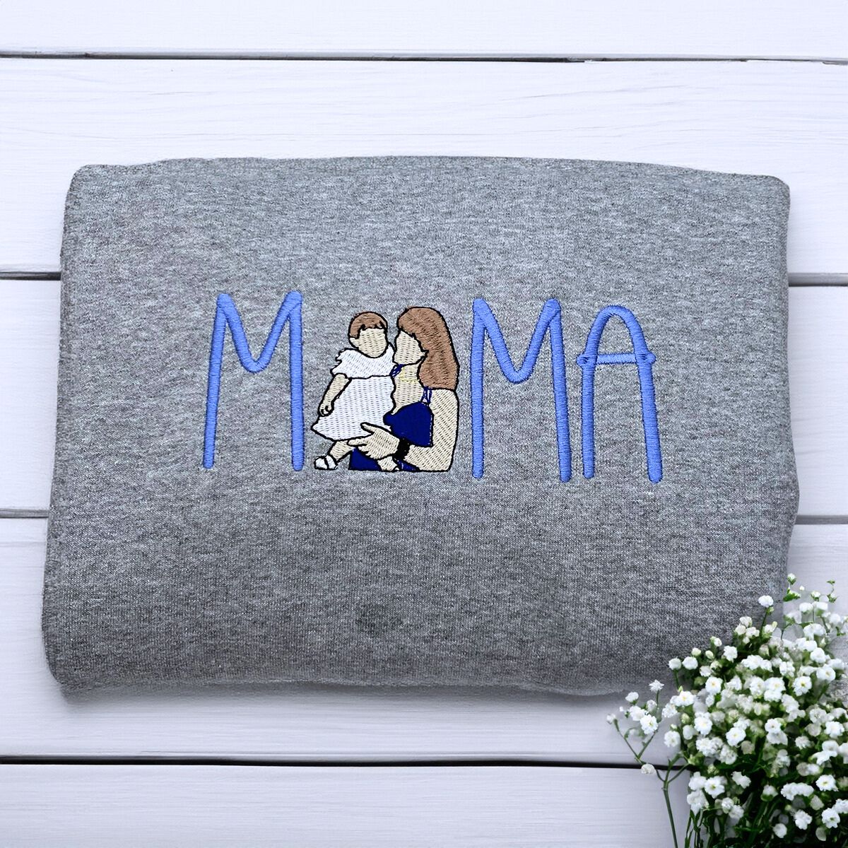 Folded Mama Sport Gray Sweatshirt with Mom and Daughter Portrait Embroidery, a meaningful and cozy gift for Mama