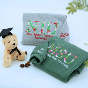 Sport Gray and Heather Dark Green University Sweatshirt with Floral Embroidery, Personalized Graduation Gift 