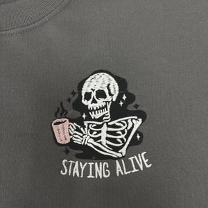 Stay Alive Coffee Sweatshirt, Funny Skeleton Crewneck Embroidered Halloween Hoodie for Coffee Lovers Gift