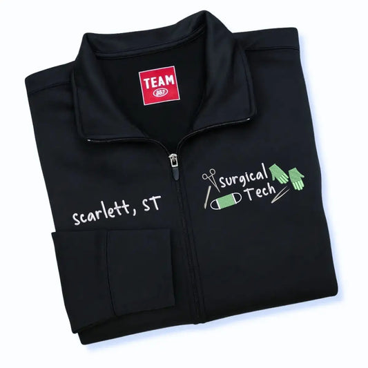 Custom embroidered surgical tech jacket featuring name and title