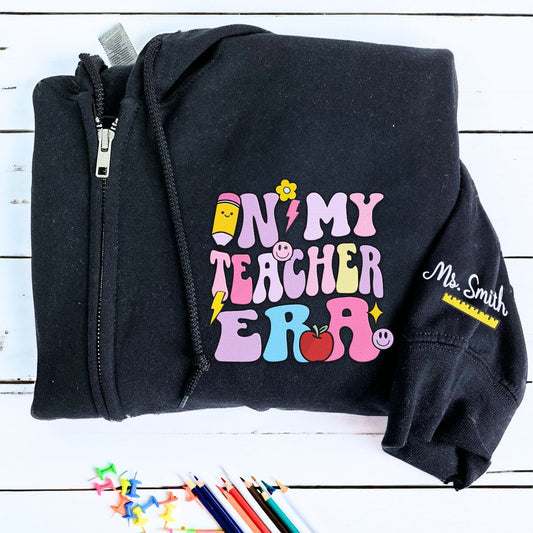 Personalized Gift for Teacher, Custom Embroidered In My Teacher Era Quarter Zip Sweatshirt or Full-Zip Hoodie