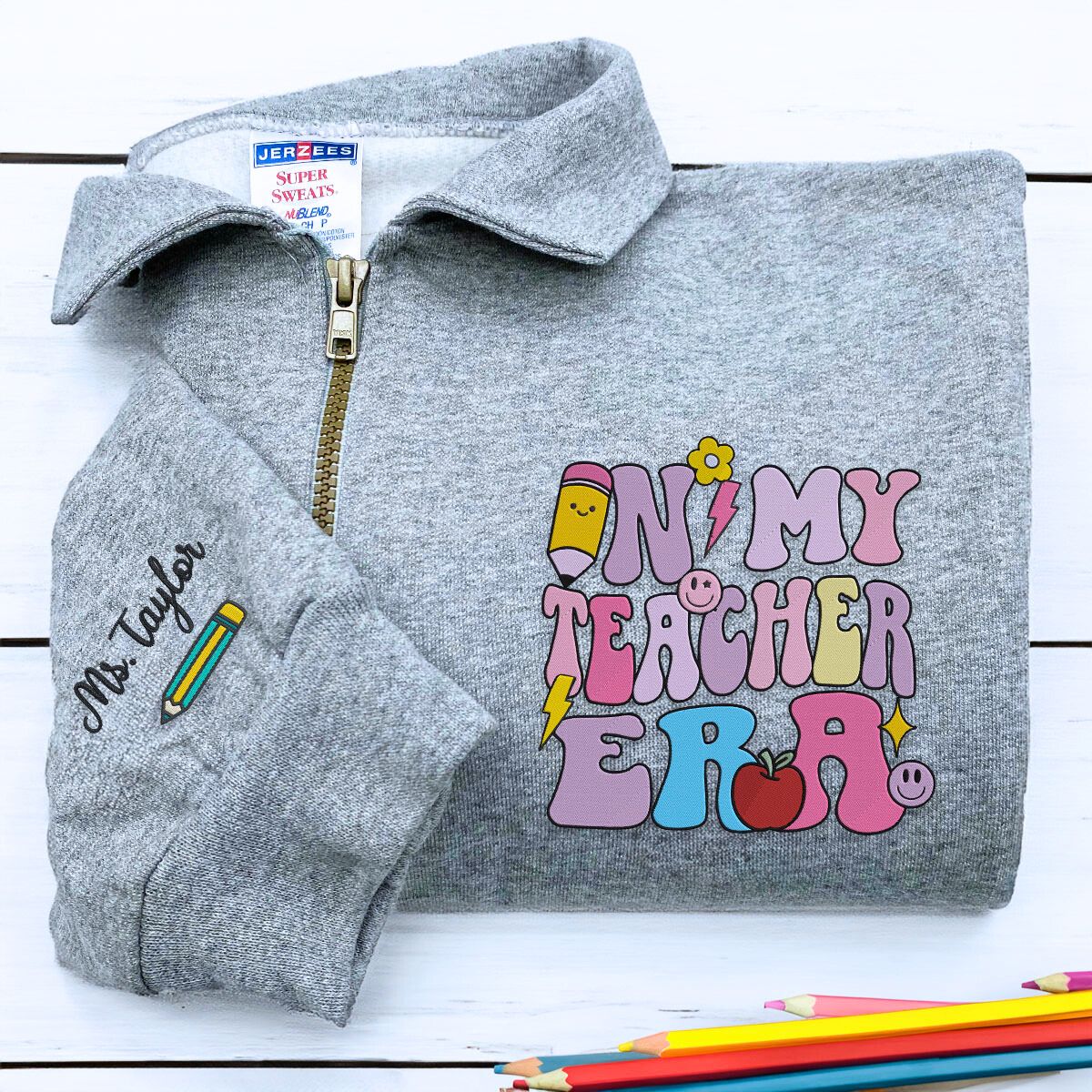 Personalized Gift for Teacher, Custom Embroidered In My Teacher Era Quarter Zip Sweatshirt or Full-Zip Hoodie - Embroly