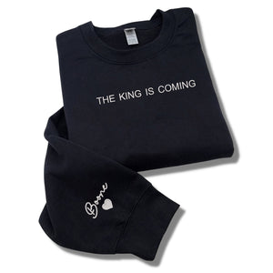 Personalized Jesus Sweatshirt Embroidered, The King is Coming Sweatshirt With Cross Floral on Sleeve