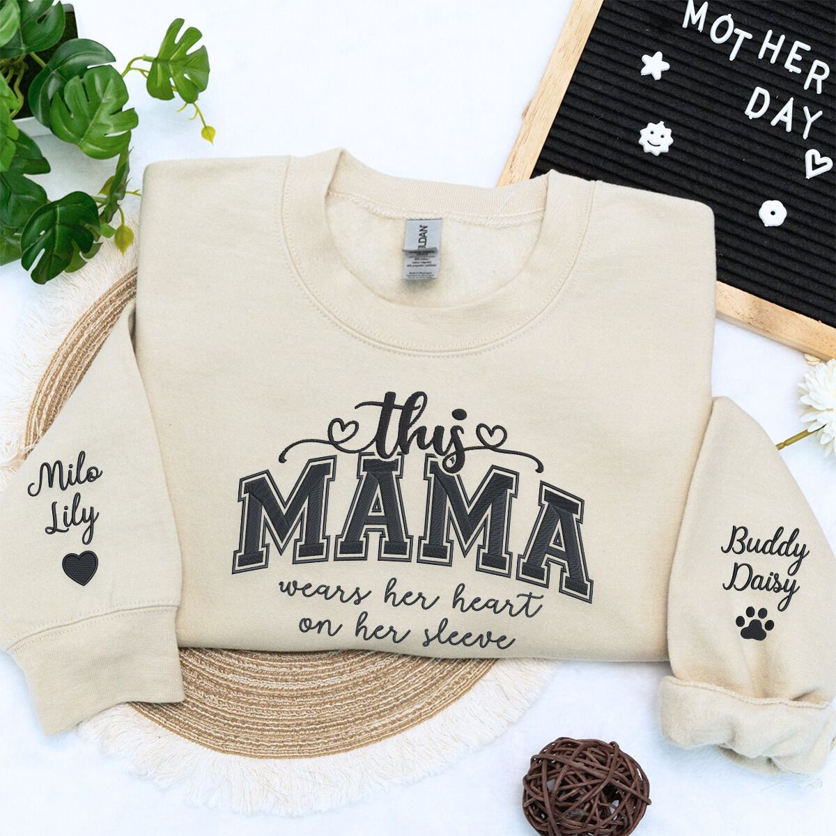 This Mama Wearing Her Heart on Her Sleeve Sand Sweatshirt, a Meaningful and Cozy Gift for Mama