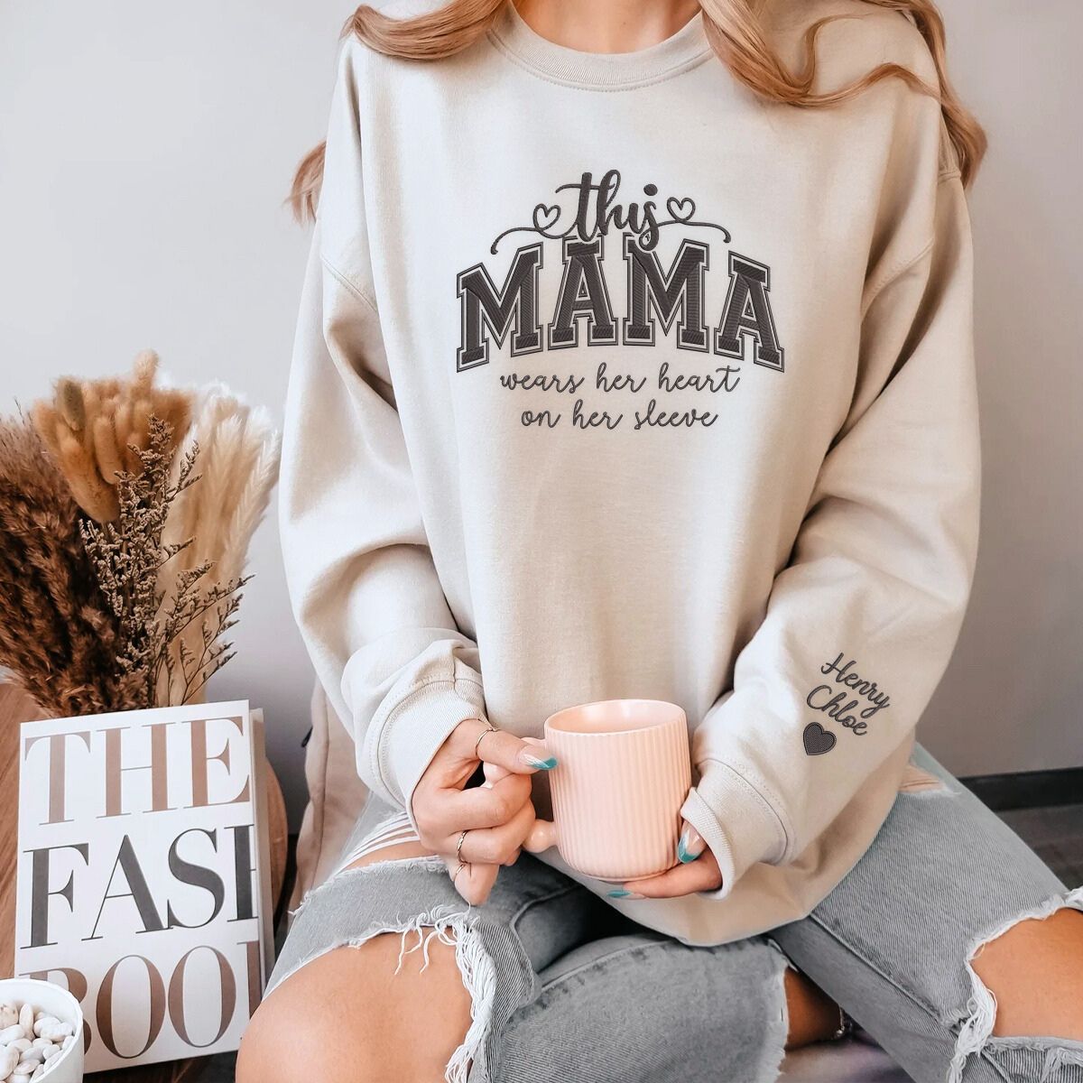 This Mama Wearing Her Heart on Her Sleeve Sand Sweatshirt, a Meaningful and Cozy Gift for Mama