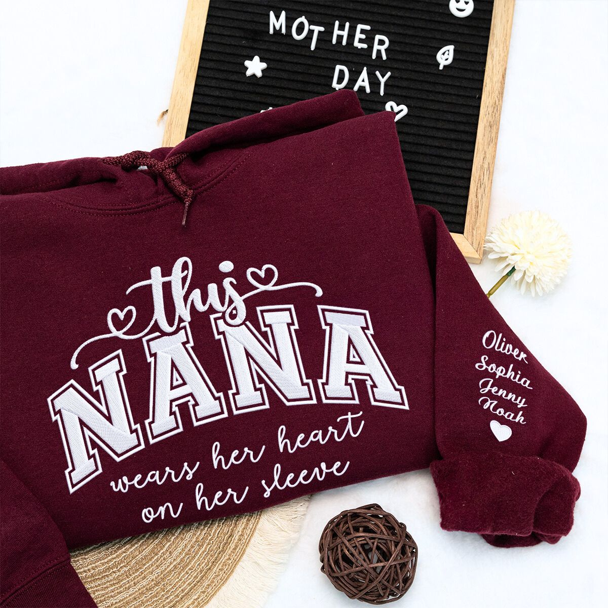 This Mama Wearing Her Heart on Her Sleeve Maroon Hoodie, a Meaningful and Cozy Gift for Mama