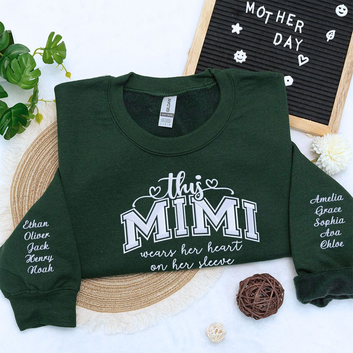 This Mama Wearing Her Heart on Her Sleeve Forest Green Sweatshirt, a Meaningful and Cozy Gift for Mama