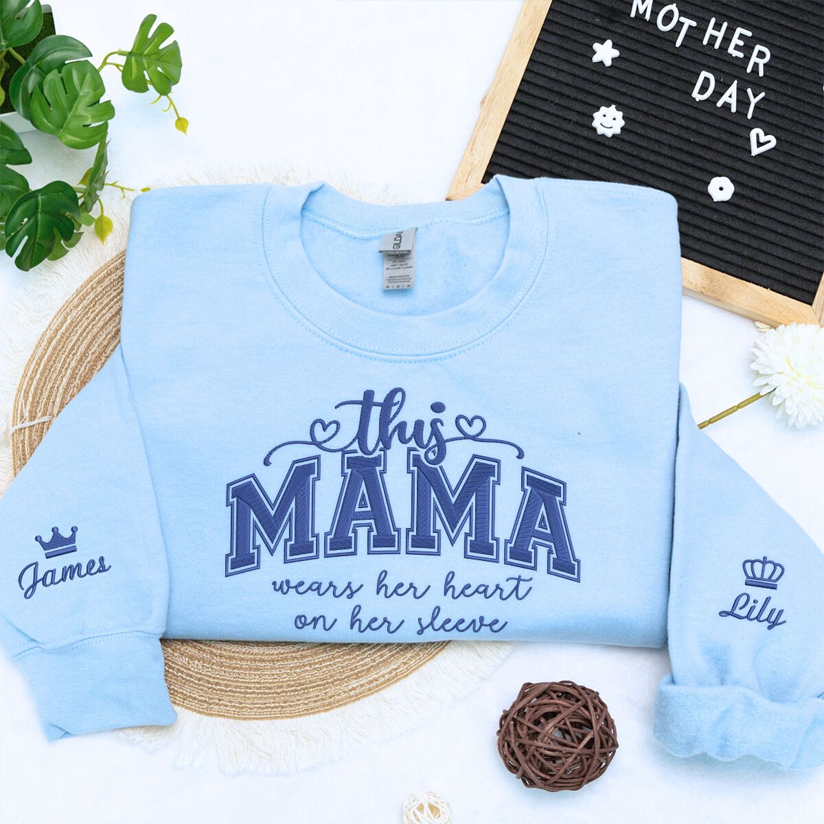 This Mama Wearing Her Heart on Her Sleeve Light Blue Sweatshirt, a Meaningful and Cozy Gift for Mama