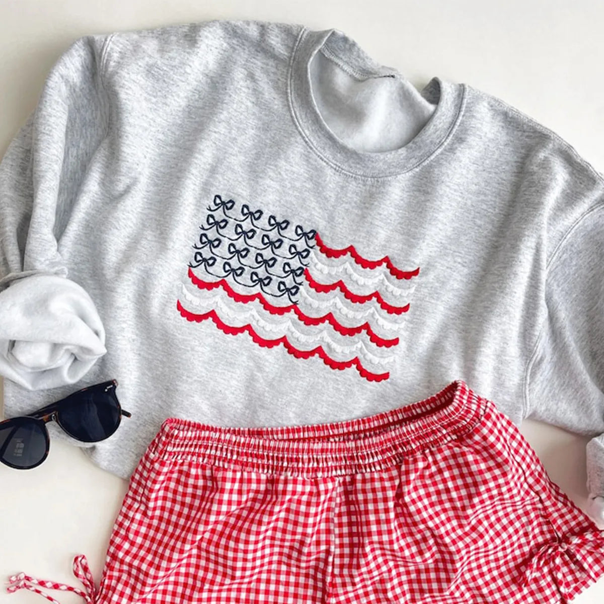 Embroidered American Flag Bows Sweatshirt or Hoodie – 4th of July Matching Patriotic Apparel
