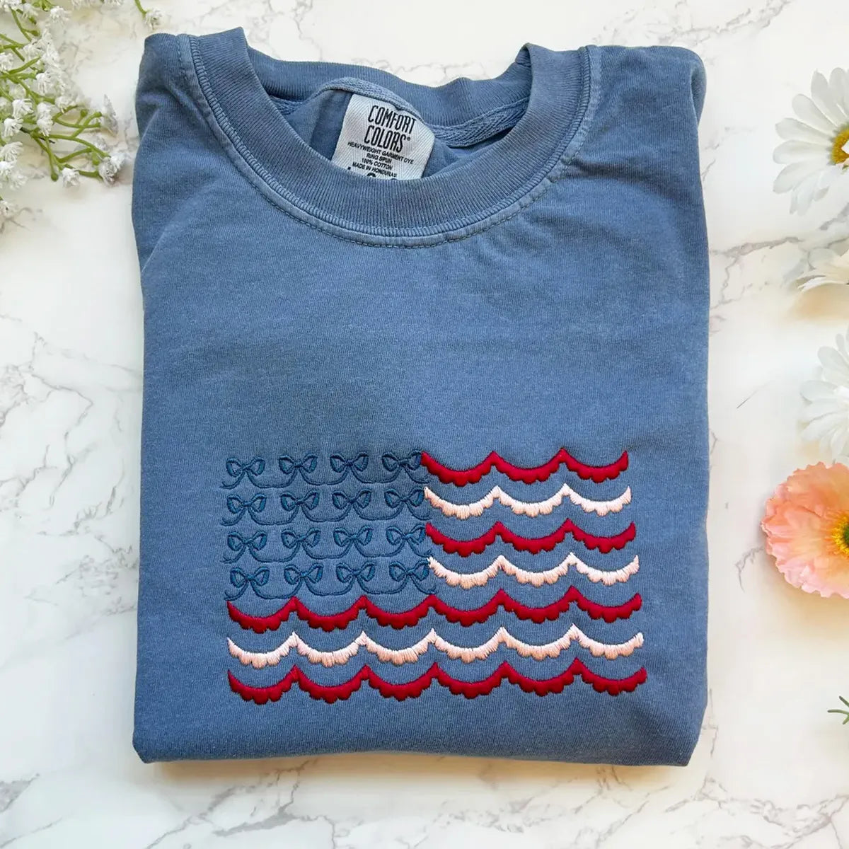 Embroidered American Flag Bows Sweatshirt or Hoodie – 4th of July Matching Patriotic Apparel