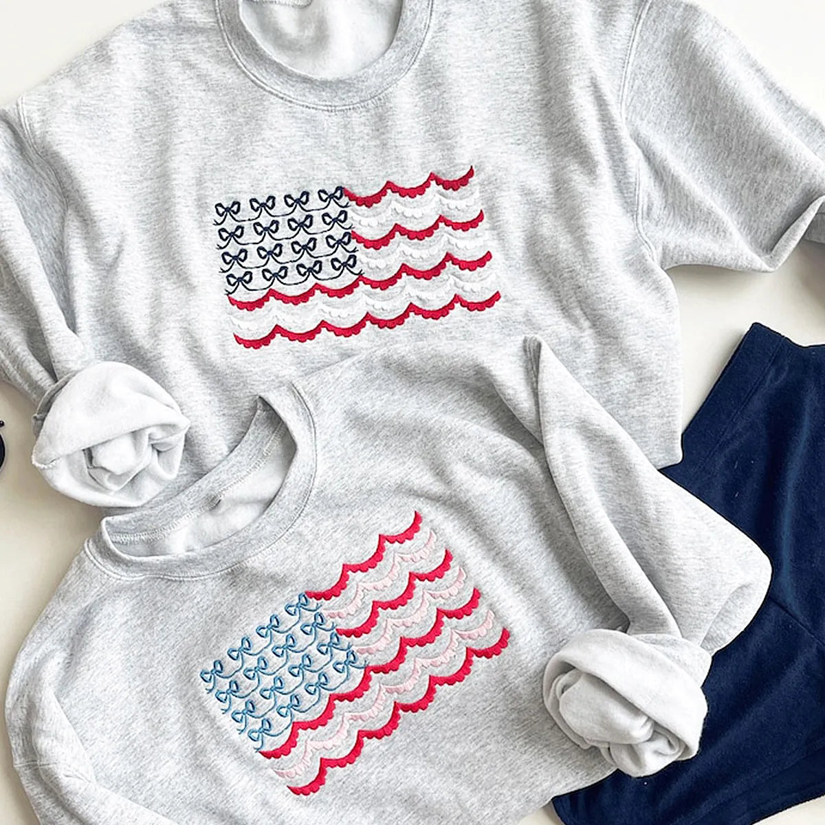 Embroidered American Flag Bows Sweatshirt or Hoodie – 4th of July Matching Patriotic Apparel