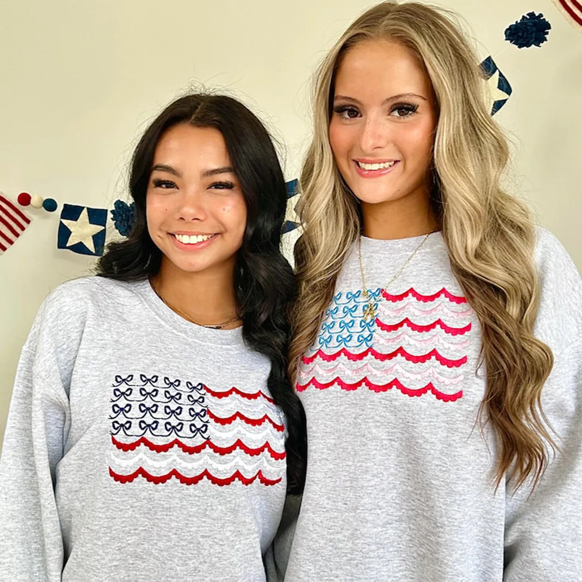 Embroidered American Flag Bows Sweatshirt or Hoodie – 4th of July Matching Patriotic Apparel