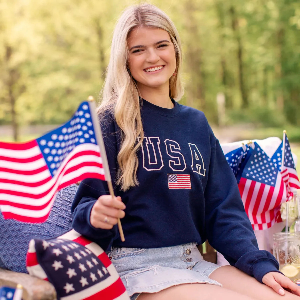 Embroidered American Flag Sweatshirt or Hoodie on 4th of July