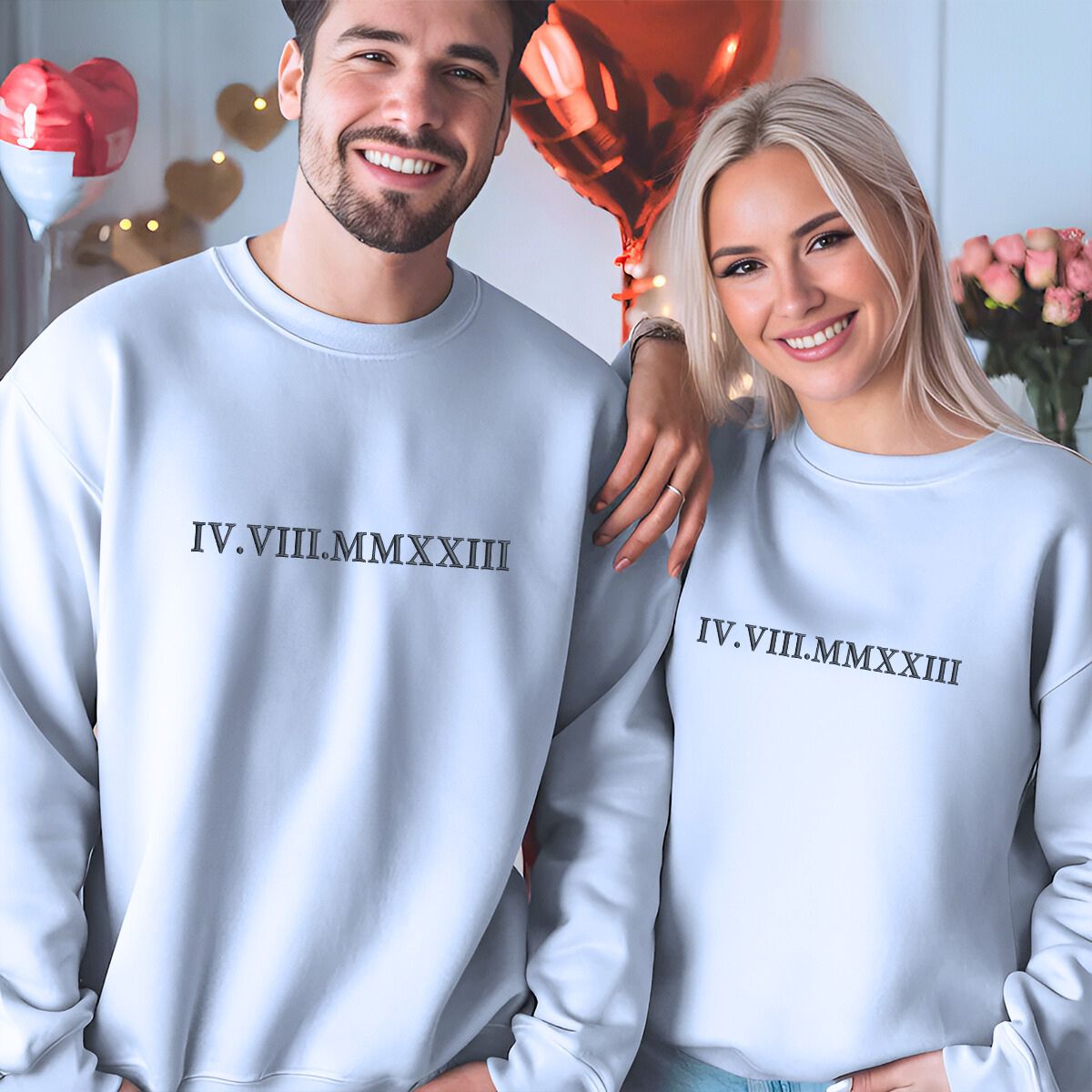 Unique Anniversary Gift for Couple with Embroidered Roman Numerals on Chest Sweatshirt or Hoodie - Embroly
