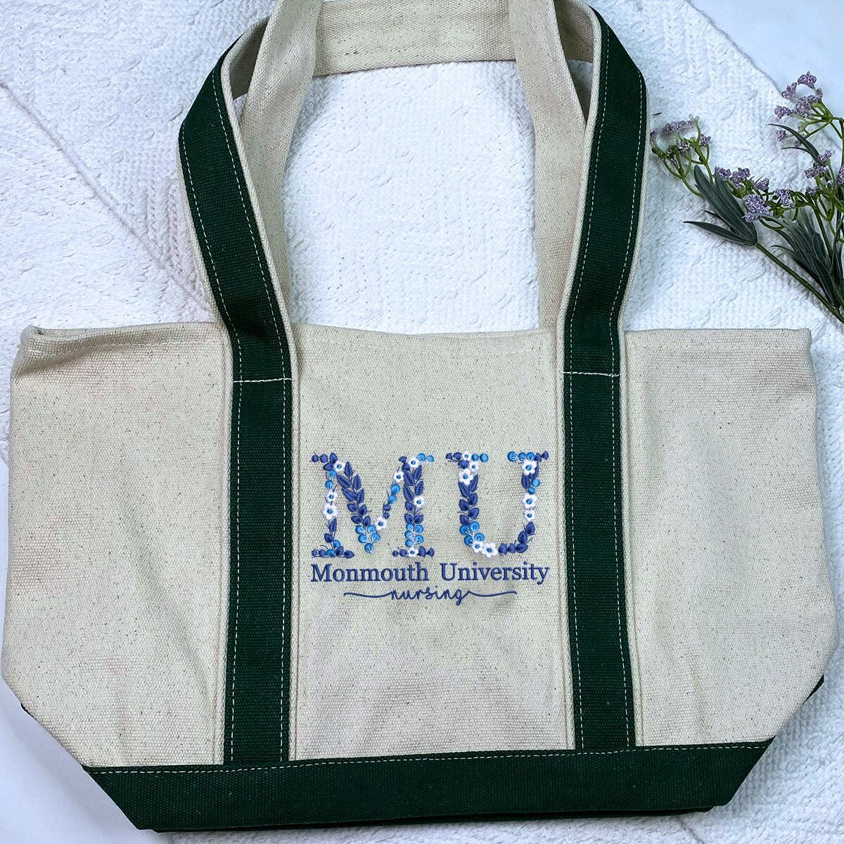 Personalized University Tote Bag with Custom Embroidered Floral Text- Unique College Gift Idea - Embroly