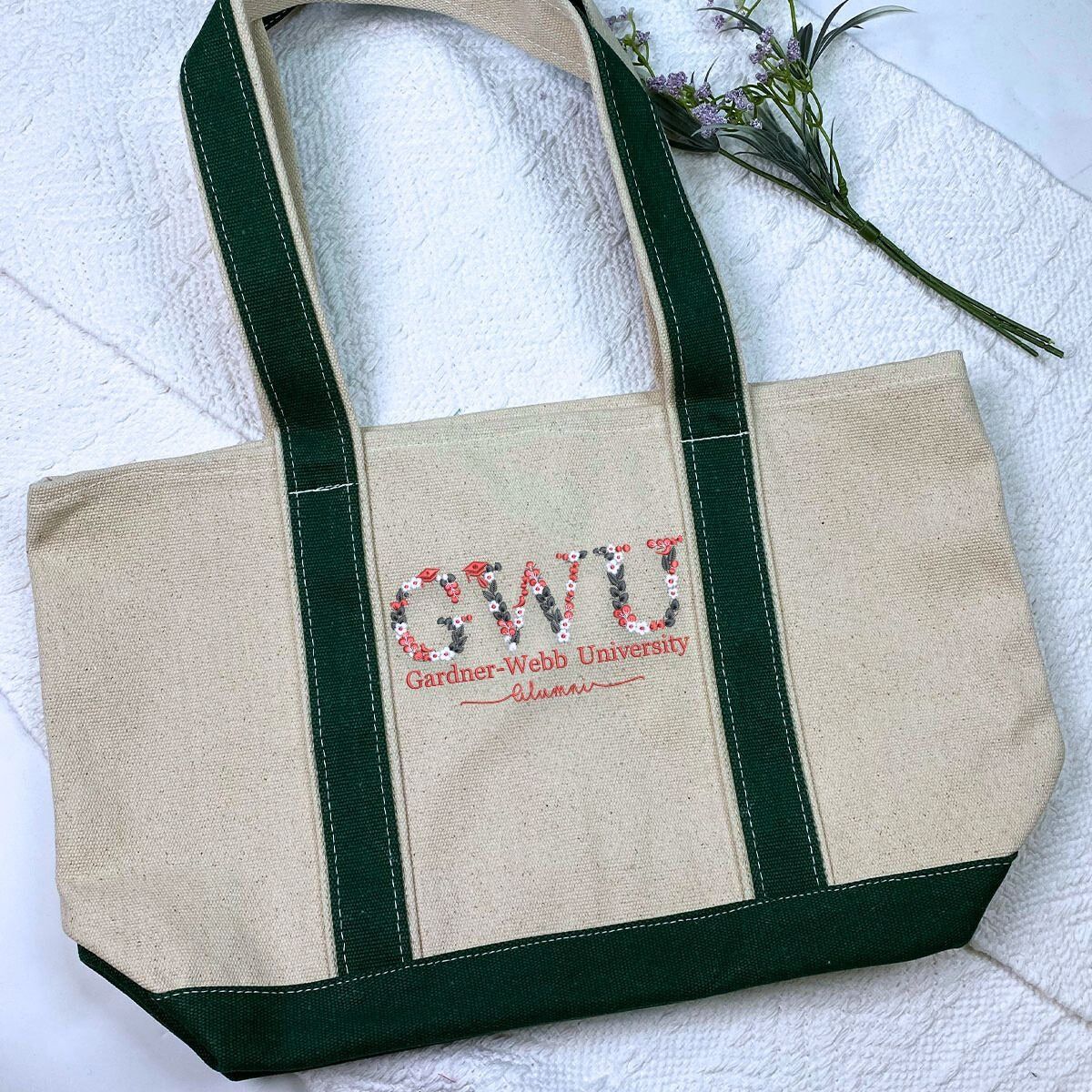 Personalized University Tote Bag with Custom Embroidered Floral Text- Unique College Gift Idea - Embroly