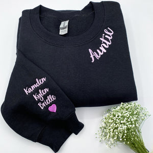 Custom Embroidered Auntie Sweatshirt with Children Names on Sleeve, Personalized Gift for Aunt or New Auntie Crewneck or Hoodie