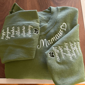 Custom Embroidered Auntie Bear Sweatshirt on Neckline with Children Name on Sleeve