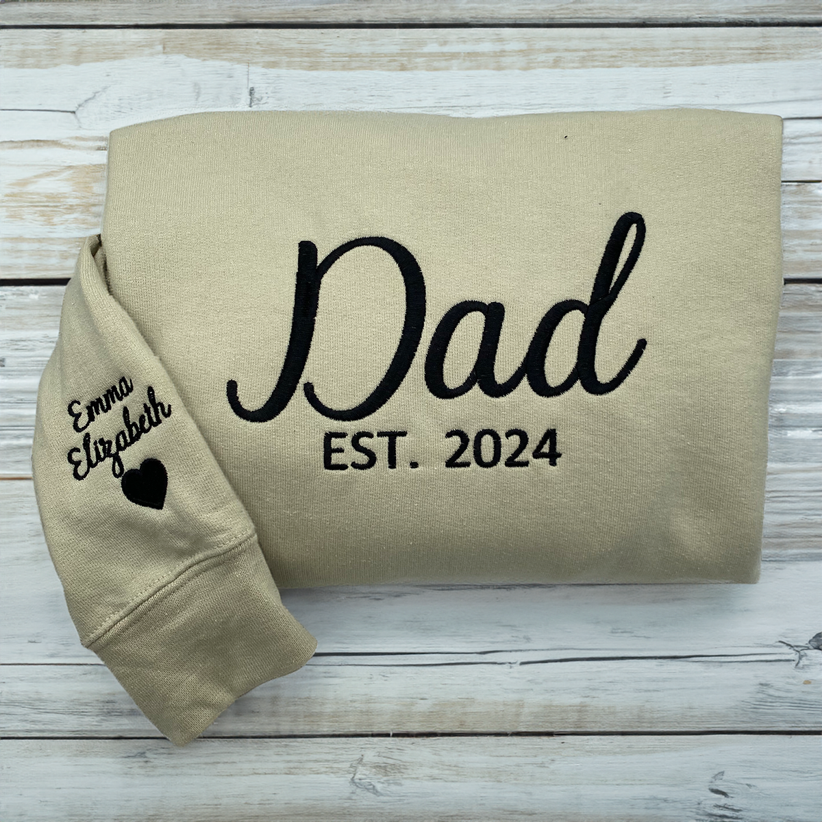 Dad Est Sweatshirt or Hoodie, Embroidered Gift for Dad with Kids Name on Sleeve