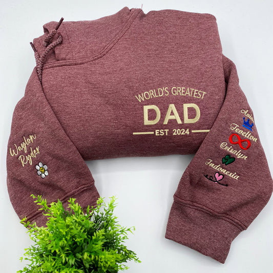 World's Greatest Dad Sweatshirt or Hoodie, Embroidered Gift with Est Year or Kids Names