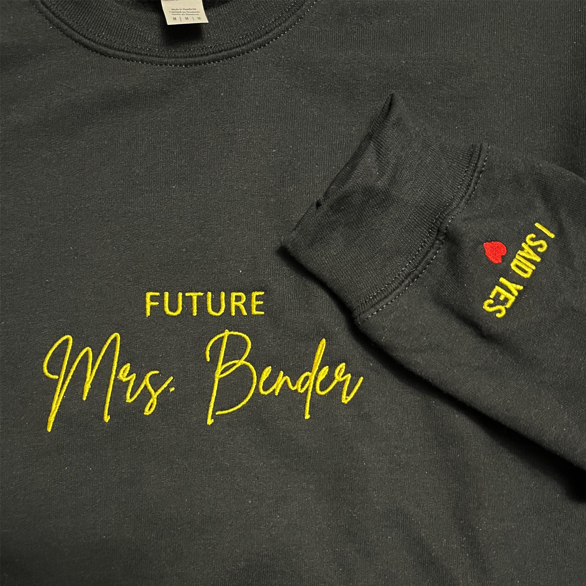 Personalized Future Mrs Sweatshirt Embroidered with Anniversary Date Text Name Initial Heart on Sleeve - Embroly