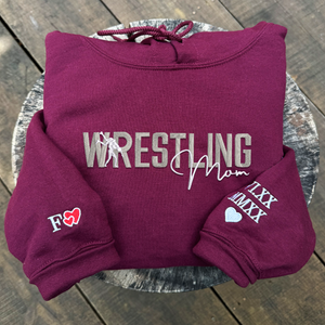 Embroidered Wrestling Mom Sweatshirt with Kids Names on Sleeve