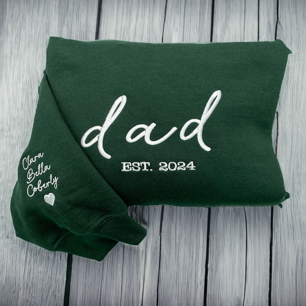 Dad Est Sweatshirt or Hoodie, Embroidered Gift for Dad with Kids Name on Sleeve