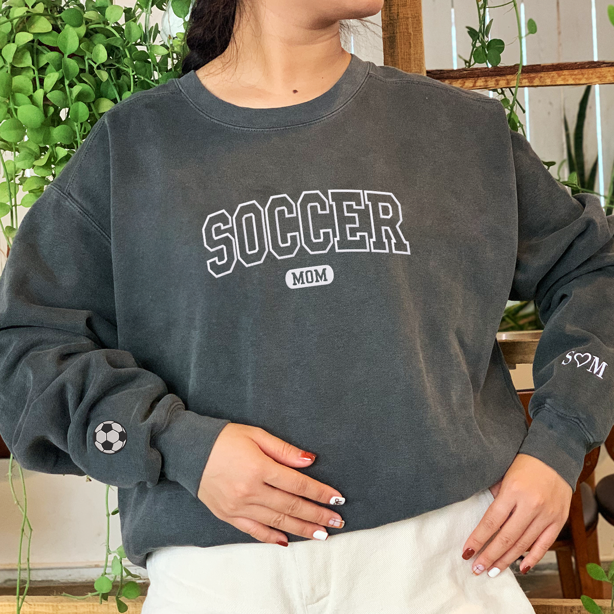 Soccer Mom Sweatshirt or T-Shirt with Names on Sleeve, Embroidered Gift for Mom