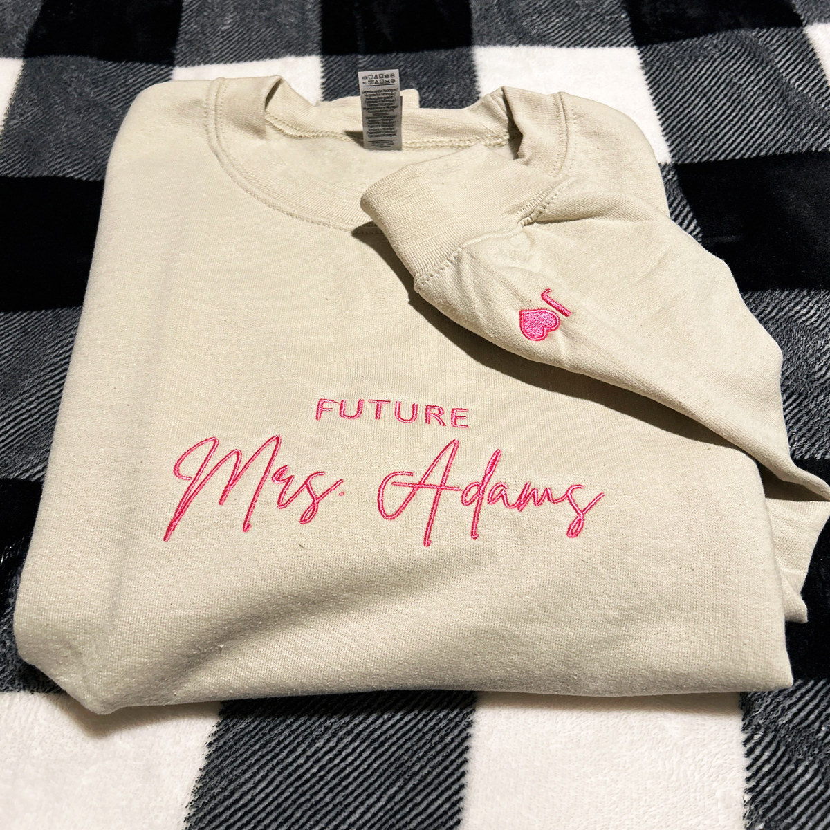 Personalized Future Mrs Sweatshirt Embroidered with Anniversary Date Text Name Initial Heart on Sleeve - Embroly