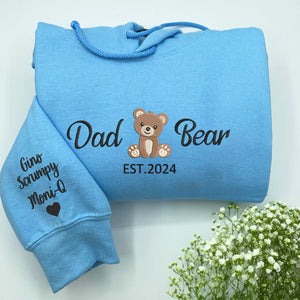 Dad Bear Sweatshirt or Hoodie, Embroidered Gift with Est Year, Kids Names on Sleeve