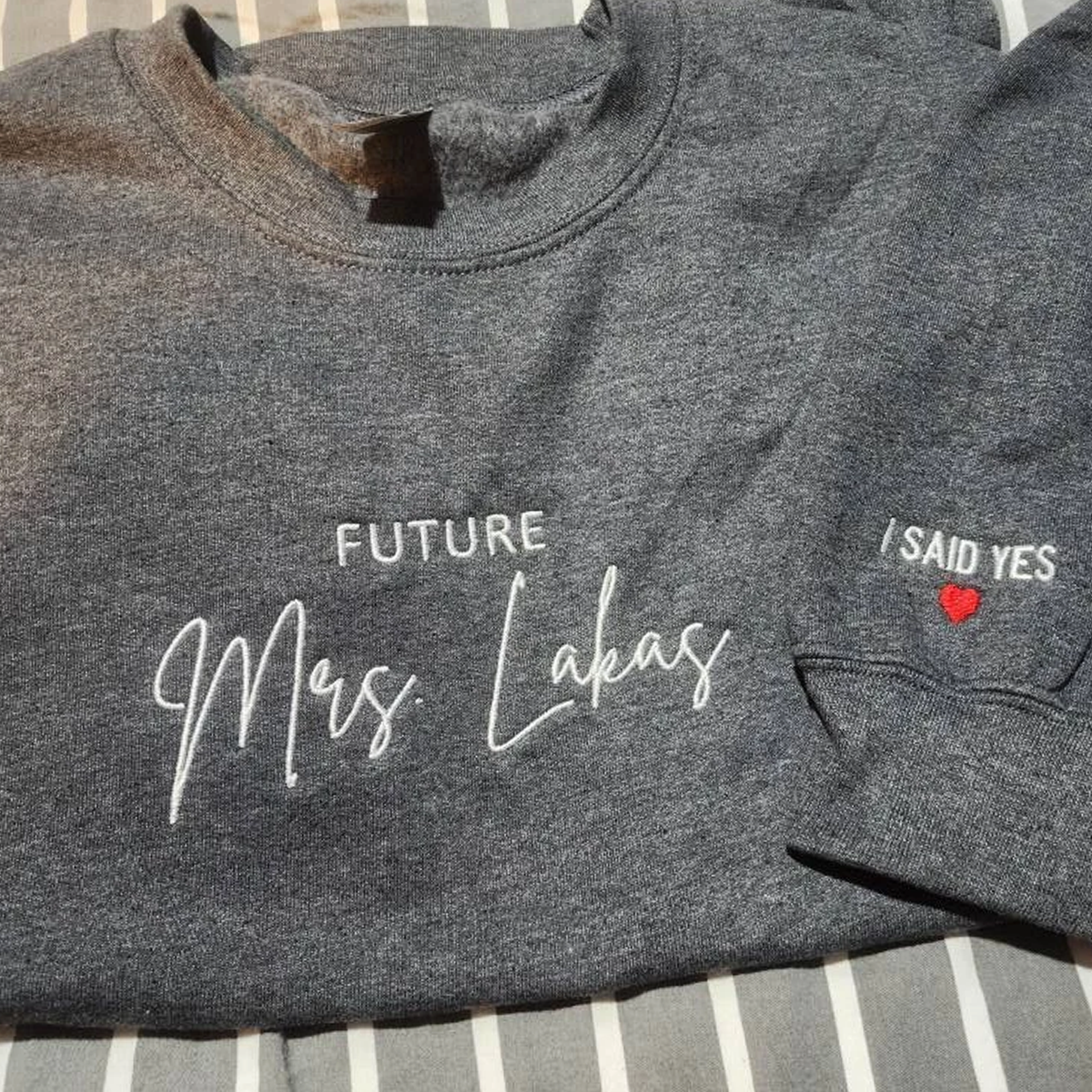 Personalized Future Mrs Sweatshirt Embroidered with Anniversary Date Text Name Initial Heart on Sleeve - Embroly