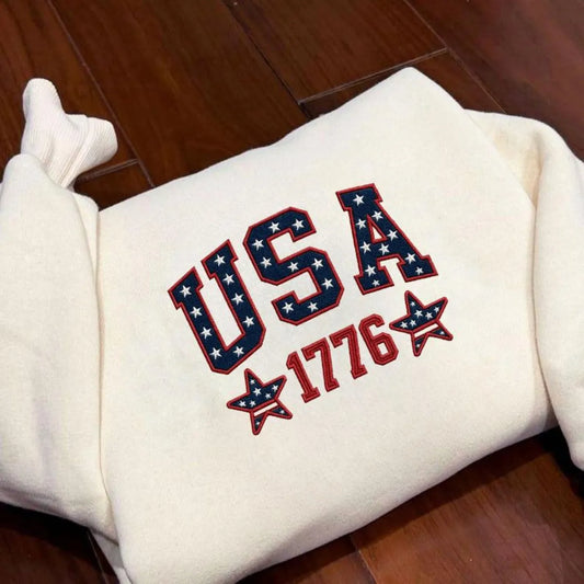 Embroidered Star-Filled USA 1776 Varsity Sweatshirt - 4th of July Patriotic Apparel