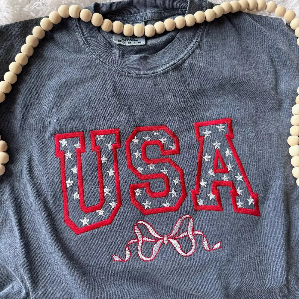 Embroidered Star-Filled USA Bow Sweatshirt - 4th of July Patriotic Apparel